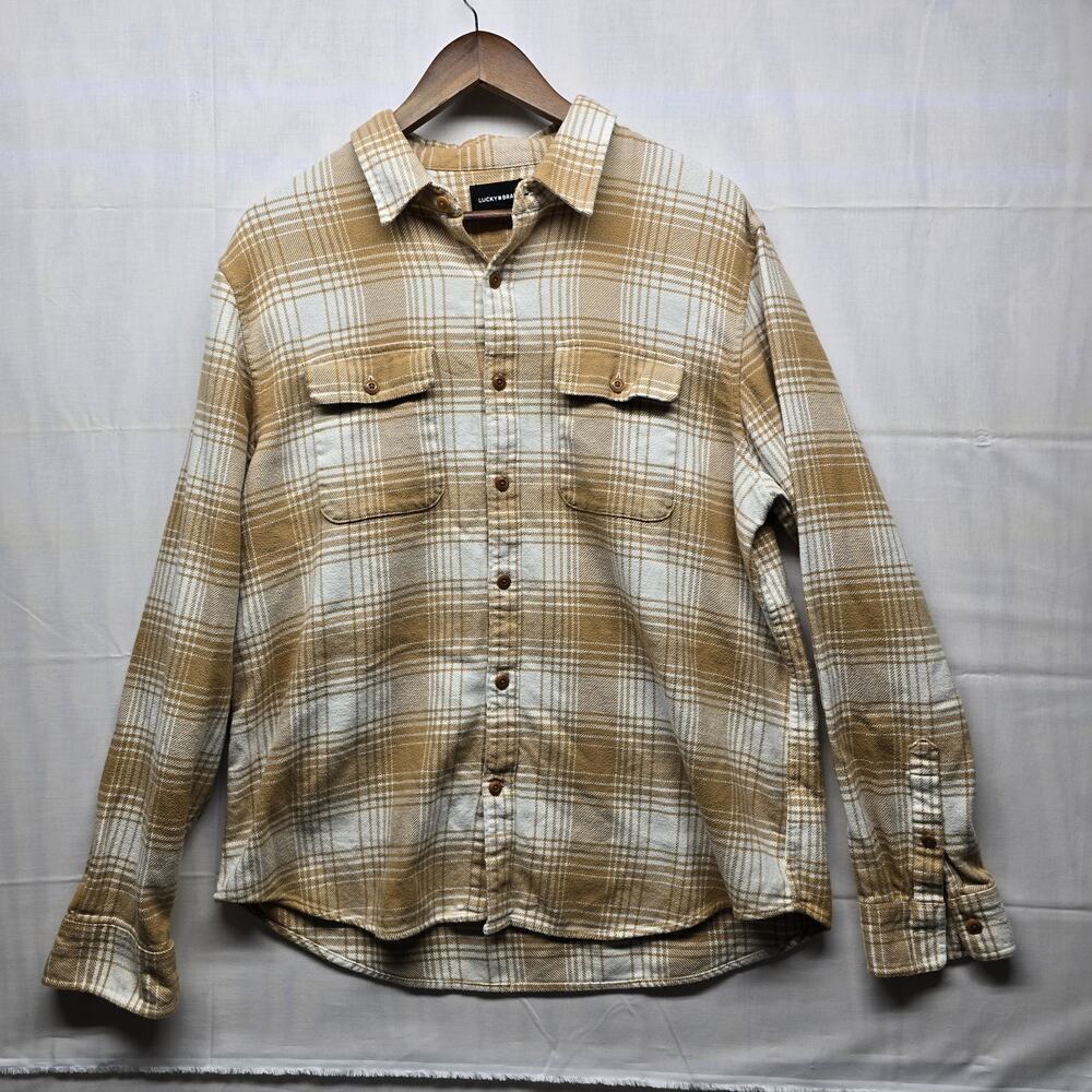 Lucky Brand Men’s Cloud Soft Flannel Button Front Shirt Beige Brown Plaid Sz L